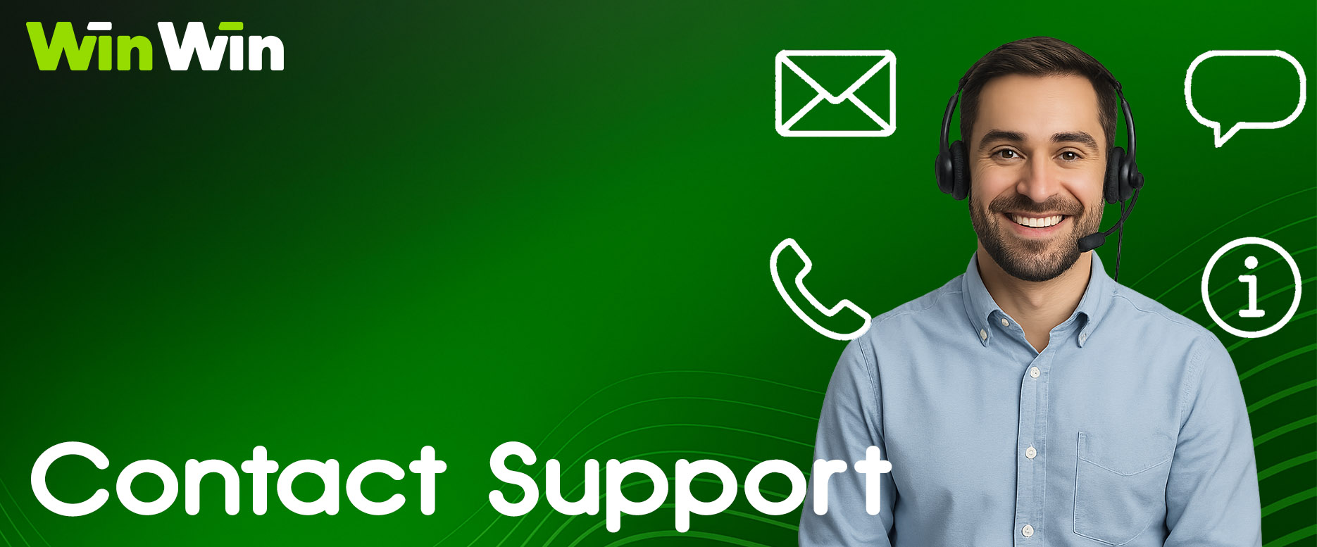 Icons representing different support contact methods: email, live chat, phone, and help center.